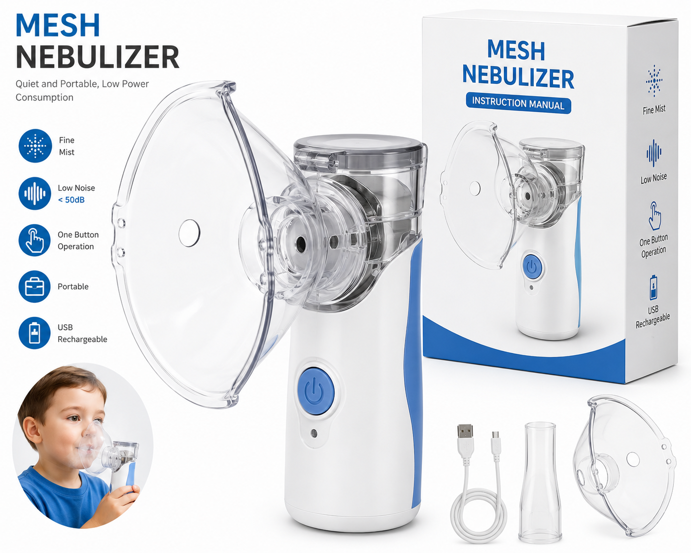 Portable Mesh Nebulizer – Rechargeable Handheld Nebulizer for Kids & Adults