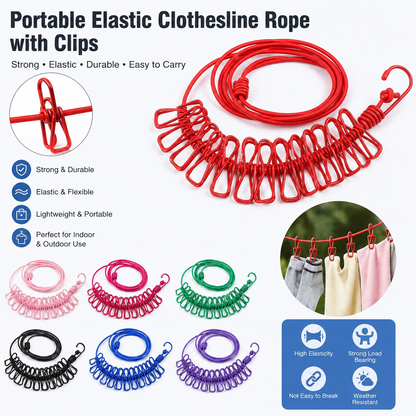 Portable Elastic Clothesline Rope with Clips