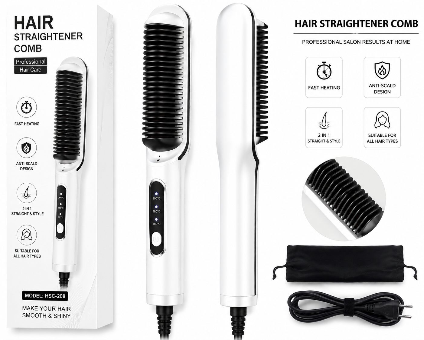 2-in-1 Electric Hair Straightener Comb