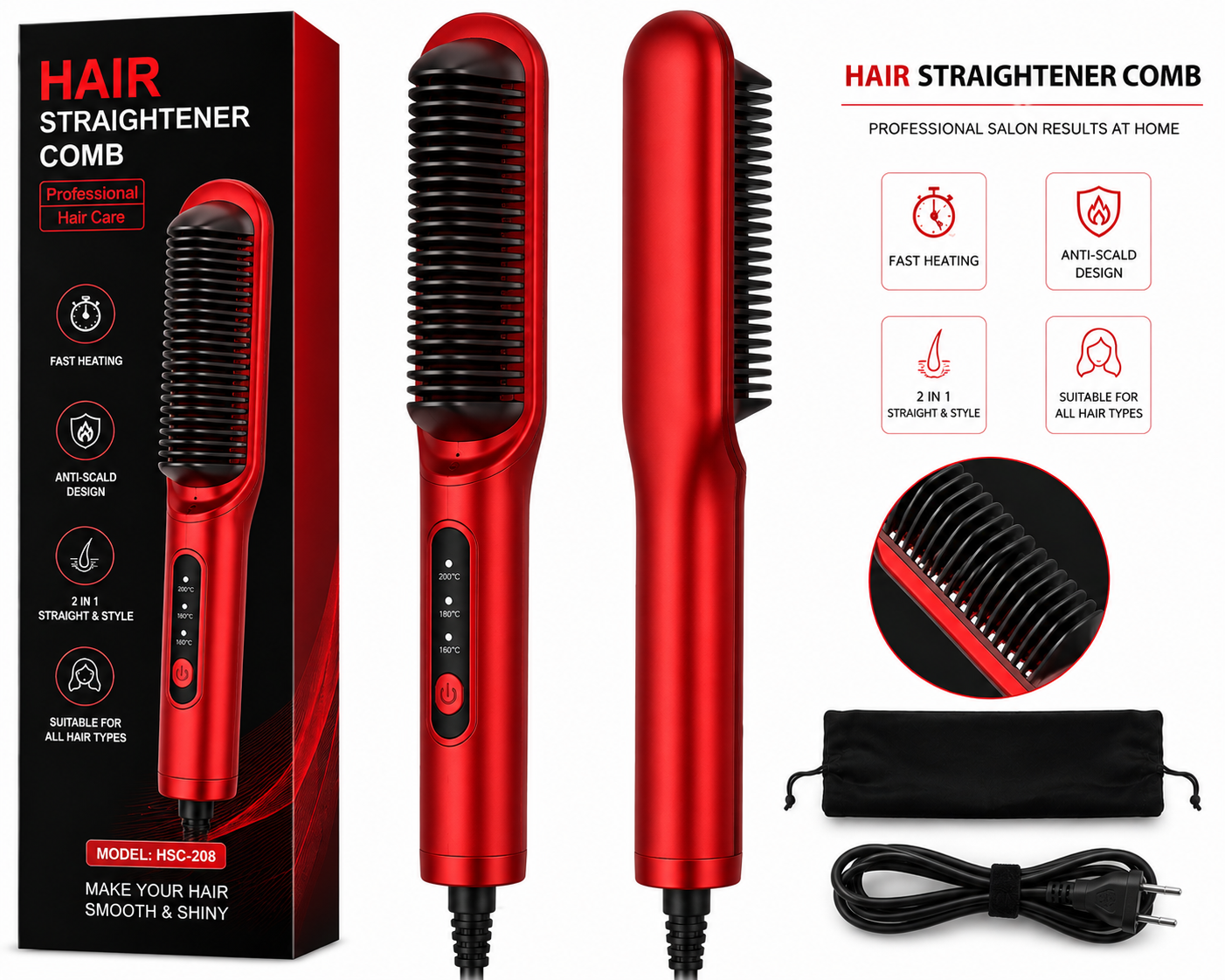 2-in-1 Electric Hair Straightener Comb