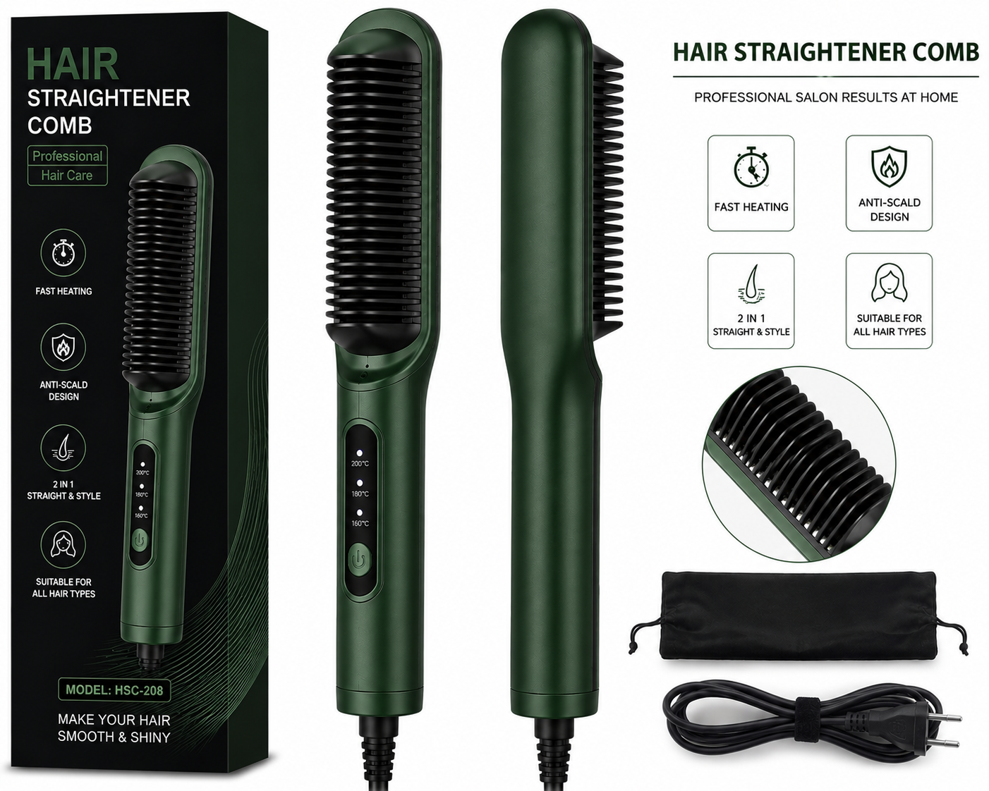2-in-1 Electric Hair Straightener Comb