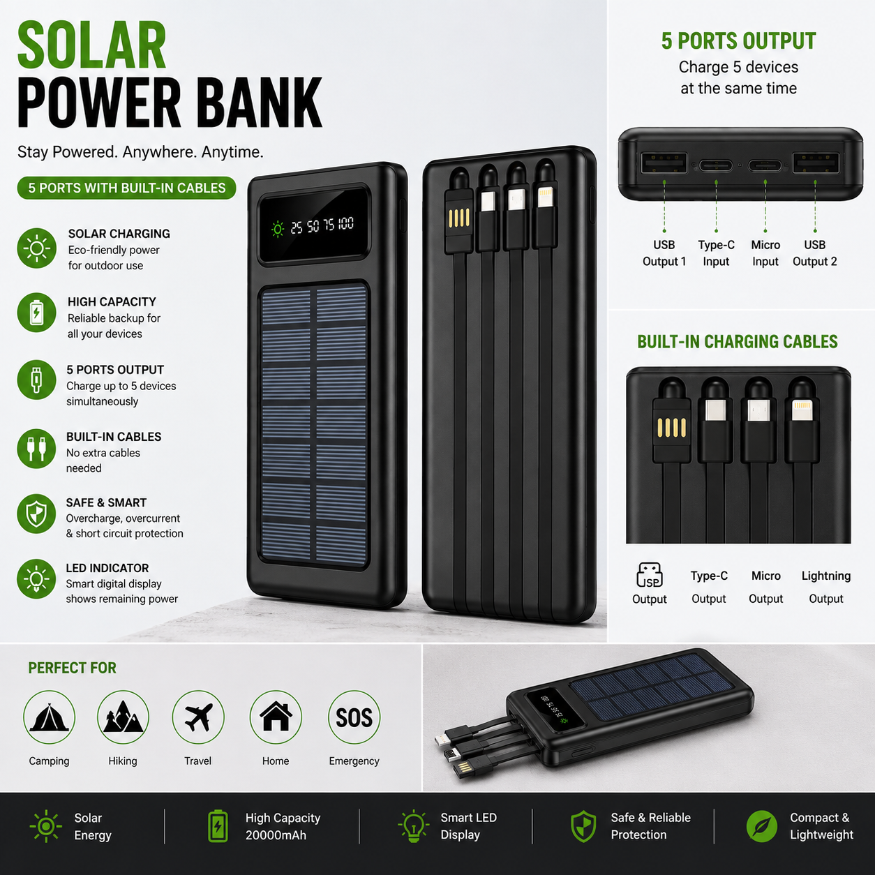 Solar Power Bank – Portable Solar Charger with LED Light & USB Charging