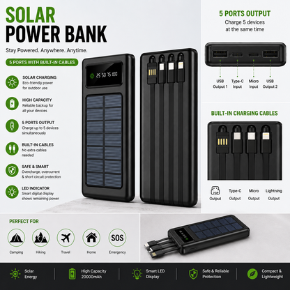Solar Power Bank – Portable Solar Charger with LED Light & USB Charging