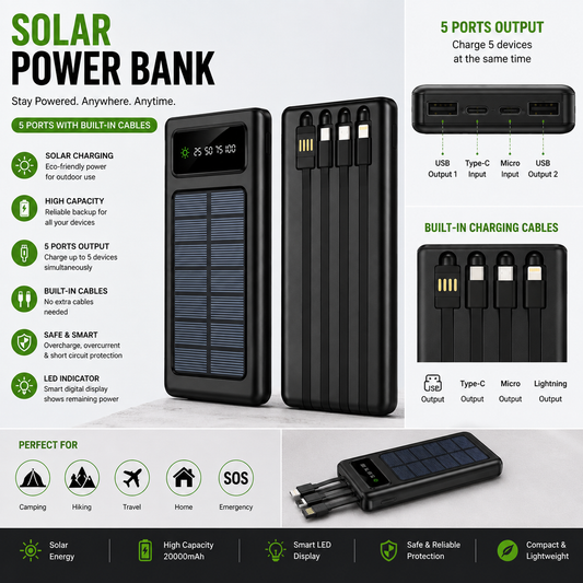 Solar Power Bank – Portable Solar Charger with LED Light & USB Charging