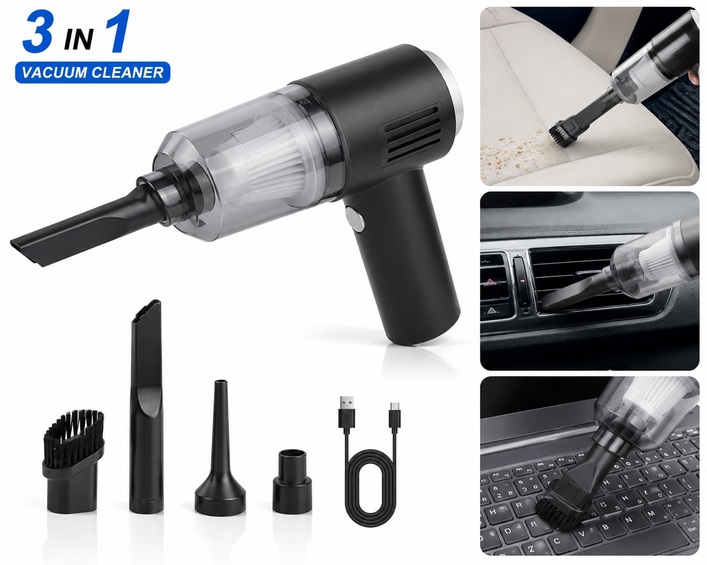 3-in-1 Portable Vacuum Cleaner | Powerful Handheld Vacuum for Car, Home & Office