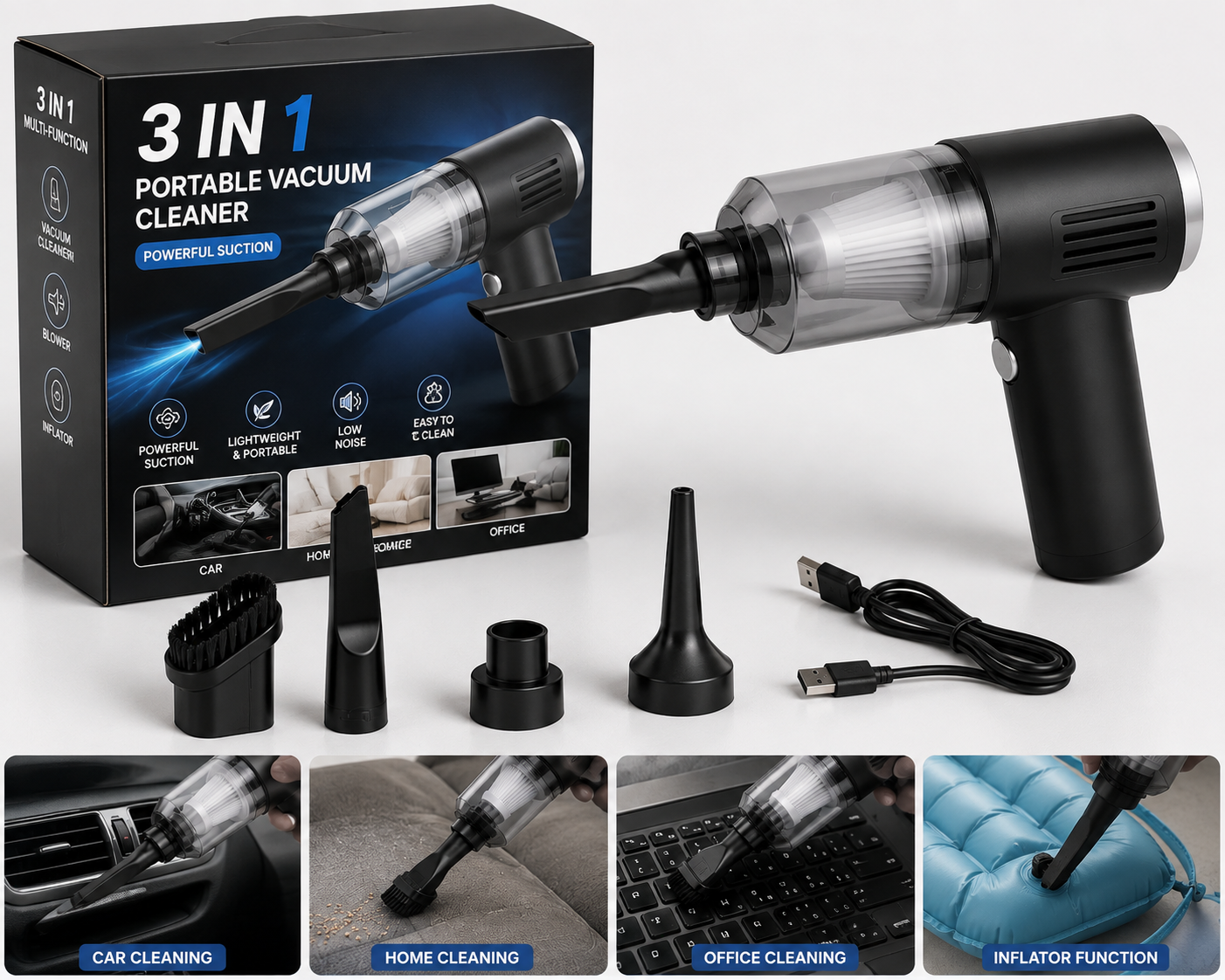 3-in-1 Portable Vacuum Cleaner | Powerful Handheld Vacuum for Car, Home & Office