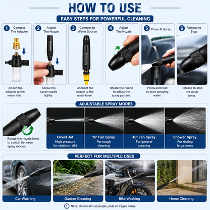 Adjustable High-Pressure Water Spray Gun Nozzle + FREE Pipe Clamp (Imported High Quality Metal Nozzle)