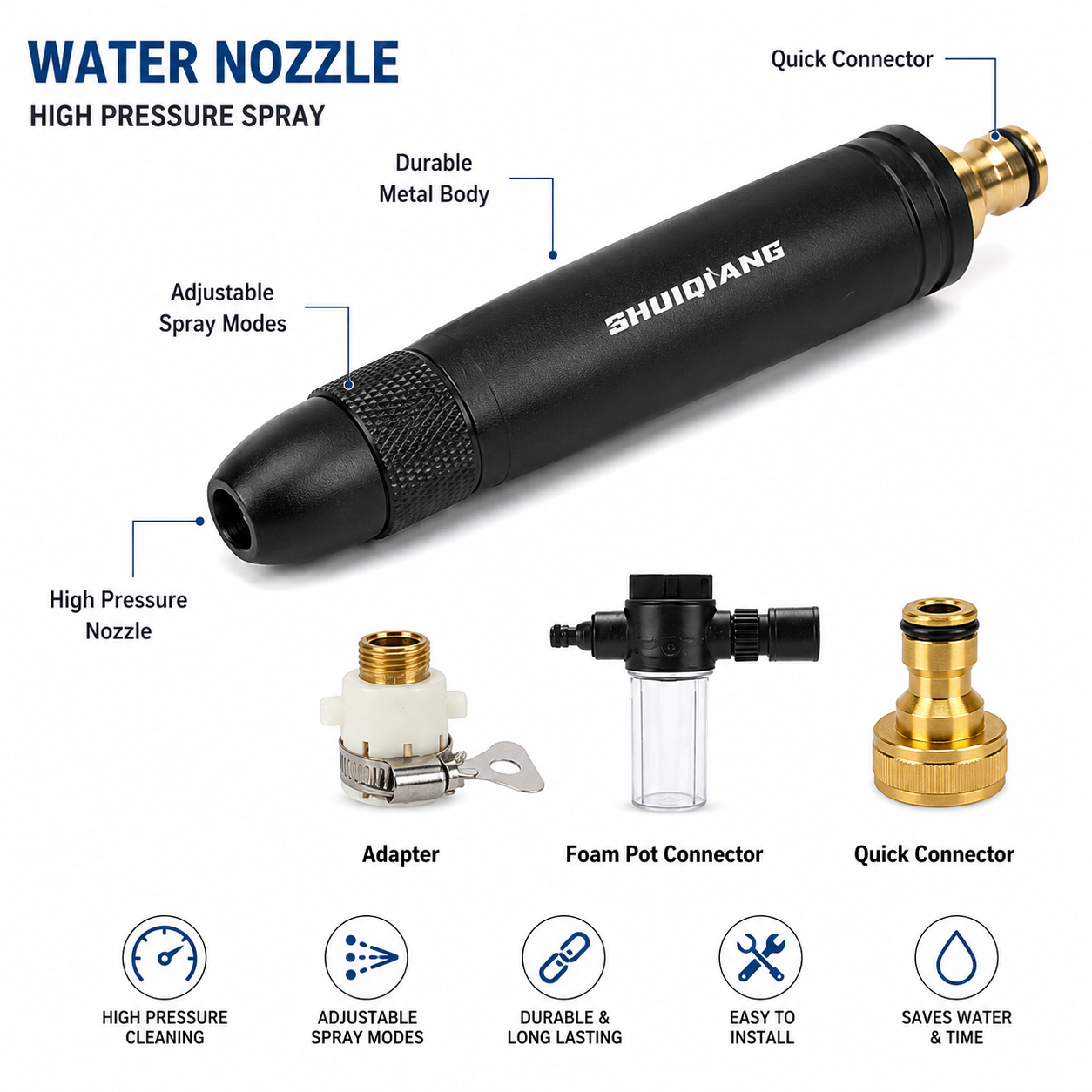 Adjustable High-Pressure Water Spray Gun Nozzle + FREE Pipe Clamp (Imported High Quality Metal Nozzle)