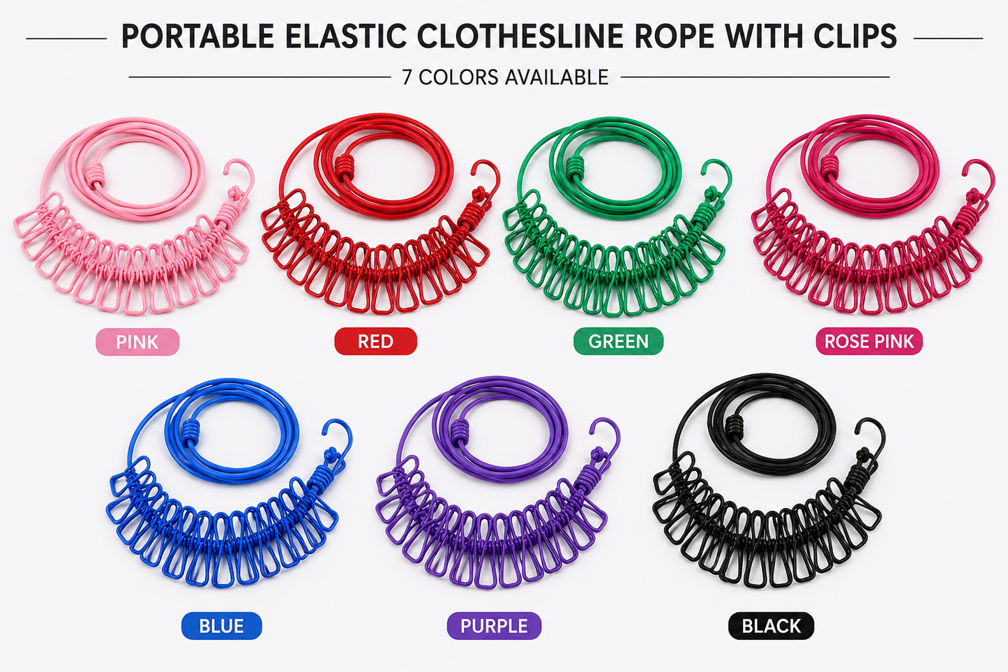Portable Elastic Clothesline Rope with Clips