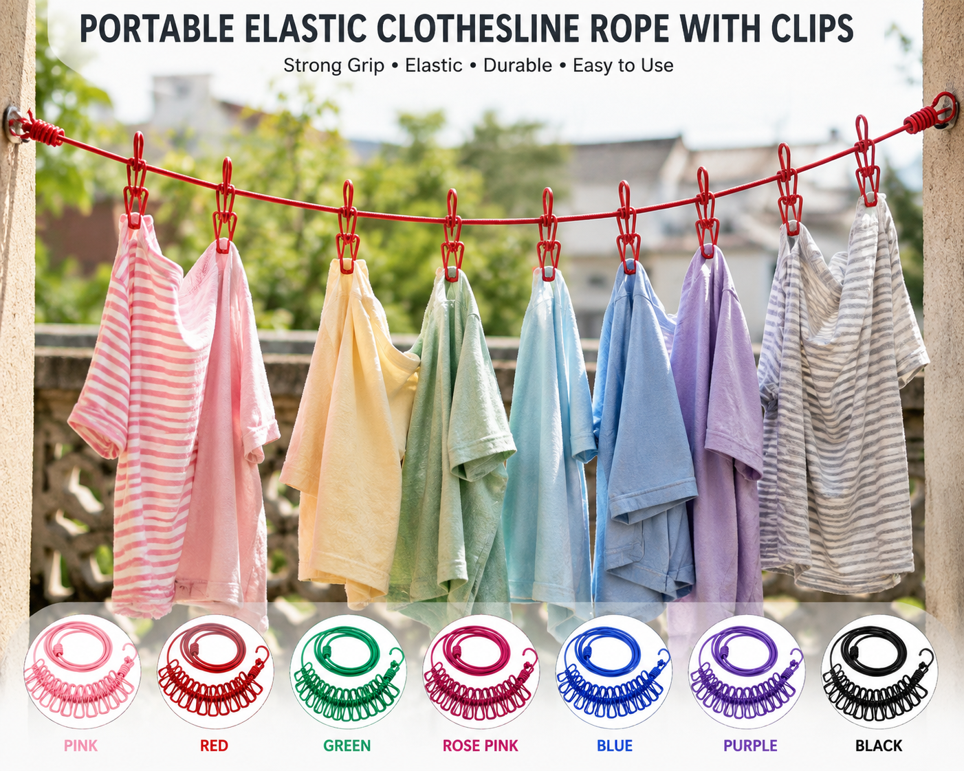 Portable Elastic Clothesline Rope with Clips