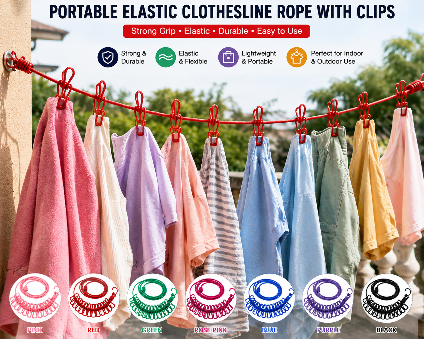 Portable Elastic Clothesline Rope with Clips
